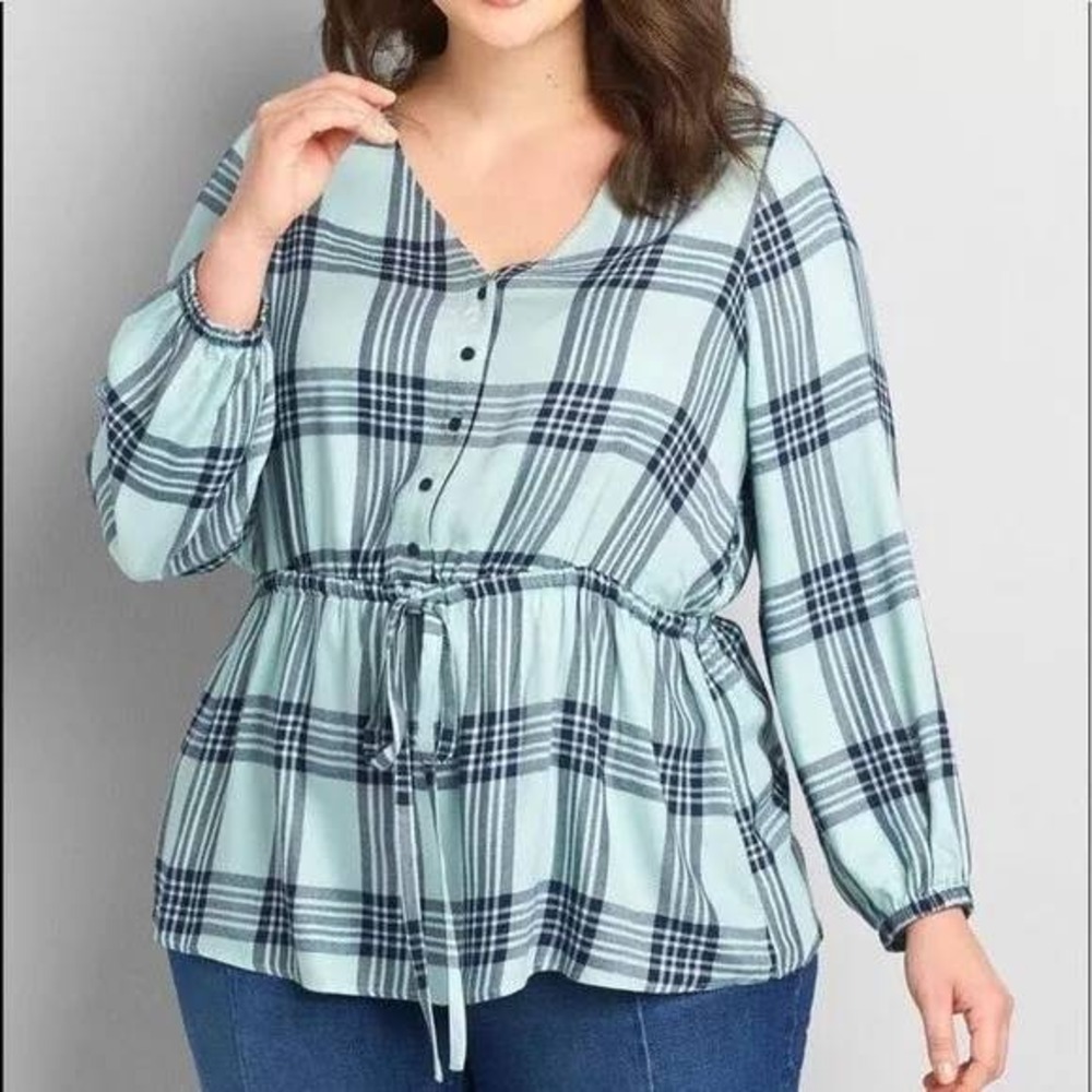 Lane Bryant Illusions Collection Lightweight Plaid Flannel Cinched Waist Top 14